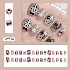 EYZOTSF Press on Nails Square Short Length Acrylic Glossy Full Cover Square Cute False Nails with Gentleman Cat Designs Artificial Extra Short Square Shaped Fake Nails Glue ons Fingernails for Women
