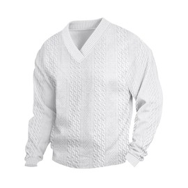 QOSOQ Mens Casual Sweaters Textured Pullover V Neck Sweater Pullover Long Sleeve Lightweight Sweaters Sweatshirts Top White