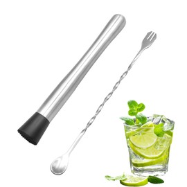 Stainless Steel Cocktail Muddler,10 inch Stainless Steel Cocktail Muddler with 1 Mixing Spoon, Cocktail Shaker Set,Bar Tool Set, Mojito Kit,Cocktail Making Set for Making & Creating Delicious Mojitos