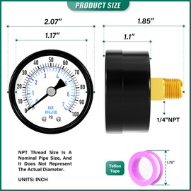 BOGERDACK 0-100psi Well Pump Pressure Gauge 1/4" NPT 2" Face Dial Size Back Mount, Multifunctional Practical Dry Pressure Gauge, for Water, Oil and Air Compressor Tire Pressure Tester