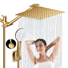 Shower Head, 10'' High Pressure Rain Shower Head with 6 Settings/Spray Handheld Shower Head Combo, 78'' Long Hose and 11'' Extension Arm, Water Temperature Reminder (Square Gold Shower Heads)