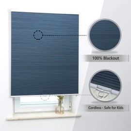 Blackout Shades, Room Darkening Honeycomb Blinds, Cordless Lift System, 24" Wide x 64" Wide, Ocean Blue(Blackout)
