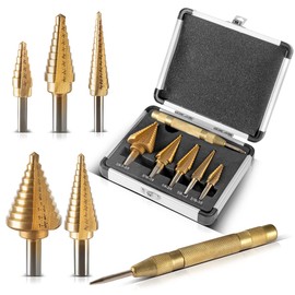 STAHLWERK HSS Step Drill/Taper Drill Bit Set 6 Pieces with TiN Coating, Countersunk Drill/Metal Drill with Automatic Centre Punch and Aluminium Case