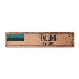 Tallinn Estonia Vintage Plastic Street Sign Estonian Flag City Country Road Wall Gift | Indoor/Outdoor | 18" Wide