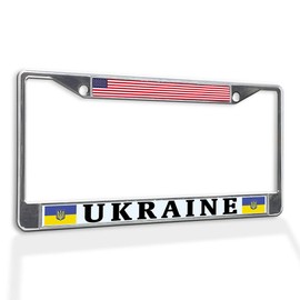 Fastasticdeals Metal Insert License Plate Frame USA and Ukraine Flag Weatherproof Car Accessories Chrome 2 Holes Solid Insert
