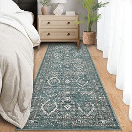 Garvee Washable Runner Rugs 2x6 Vintage Hallway Runner Traditional Floral Rugs Non Slip Entryway Runner Distressed Oriental Area Rugs Low Pile Floor Cover for Kitchen Bathroom Laundry Mat, Dark Teal