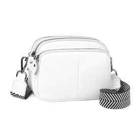 befen Echtes Leder Crossbody Bag Damen Weiß, Kleine Umhängetasche Damen mit Breitem Gurt und Reißverschluss Damen Taschen für Muttertag, Handtasche Damen Umhängetasche Kleine Tasche Damen