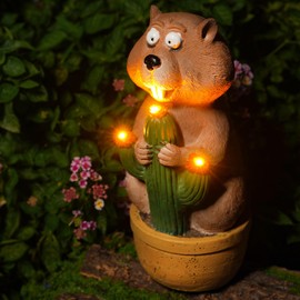 Delighture Solar Groundhog Garden Statue with LED Lights - Resin Cactus Planter Ornament for Outdoor Decor, Lawn, Patio, Yard, and Balcony, Unique Garden Gift for Women, Mom, and Grandma