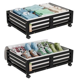 Wisuce Bamboo Under Bed Storage Containers- Underbed Organizer with Wheels with Large Dust Bag,Sturdy Wood Rolling Under the Bed Shoe Storage Organizer Drawer 2 Pack