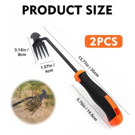 MENGLIHUALUO Weed Puller Tool 2 pcs 4 Tine Stainless Steel Garden Weeder Tool Multi Function Portable Uprooting Weeding Tool for Vegetable Gardening Backyard Farm Planting(Rubber Handle,Black)