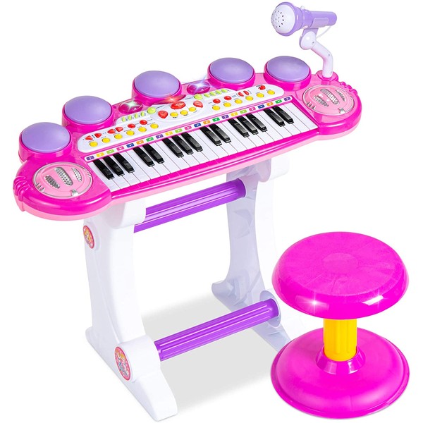 Best Choice Products 37-Key Kids Electronic Musical Instrument Piano Learning Toy Keyboard w/ Multiple Sounds, Lights, Microphone, Stool - Pink