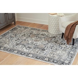 Signature Design by Ashley Gregmoore Traditional 5'2" x 6'10" Machine Woven Vintage Inspired Medallion Pattern Medium Area Rug, Low Pile, Machine Washable, Multicolor