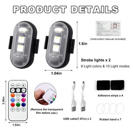 Gasedin 2 PCS Wireless Car LED Lights, Multi-Color LED Auto Strobe Light with Remote Control, Waterproof USB Charging Port Warning Drone Pilot Light, Universal Car Accessories