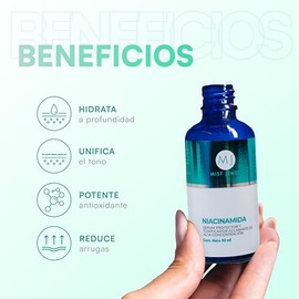 MIST JEWEL - CLEAR - Suero facial Niacinamida, Vitamina E y Acido hialurónico tonificador aclarante y protector 50ml | Serum para hombres y mujeres cu