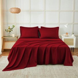 Homebliss Double Bed Sheet Set, 180 x 190/200 cm, 4 Pieces, Polyester Bed Sheet Set, Fitted Sheet and 2 Pillowcases, 50 x 80 cm, Plain Colour, Burgundy