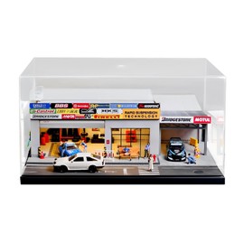 1:64 Scale Model Garage Model with dust Cover, Lighted Workshop Scene Model with Repair Parts and Three Miniature Dolls, Display case for Hot Wheels and Matchbox Cars