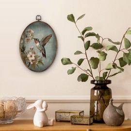 DILSJ Hummingbird Floral Oval Wall Art Decor, Bird Lover Gifts Canvas Wall Art Framed, Vintage Retro Botanical Flower Bird Hanging Decorations for Home Bedroom Living Room Decor, 11x8.5 Inch