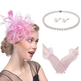 Magibag Fascinators Hats with Gloves Set for Women 20s 50s Cocktail Tea Party Wedding Costume Headwear (B-Pink)