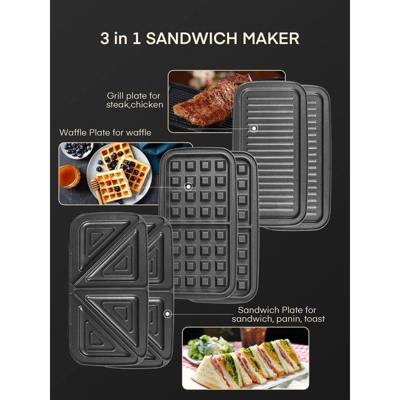 FOHERE Sandwich Maker 3 In 1 Waffle Maker With Removable