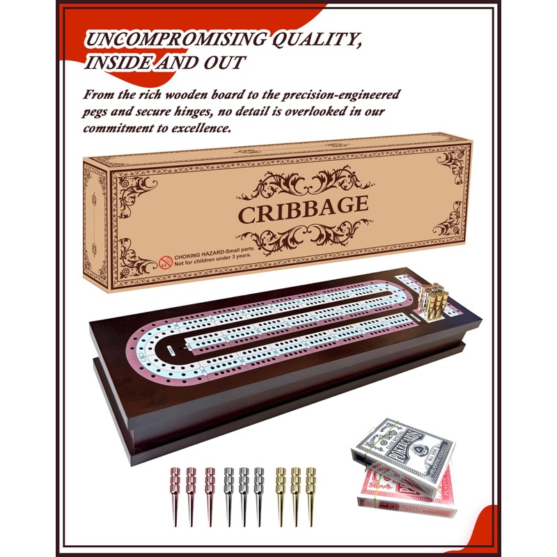 Wooden Cribbage Board Game Set with Cards & Metal Pegs