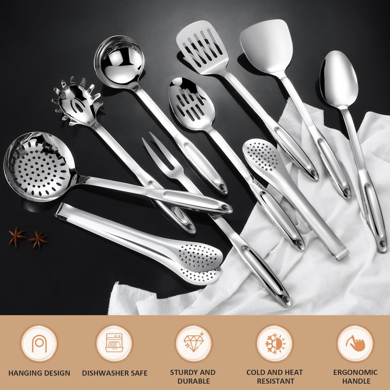 304 Stainless Steel Kitchen Utensils Set, 10 Pcs Stainless Steel