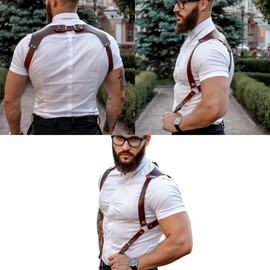 BaronHong PU Leather Renaissance Suspenders,Vintage Men's Back Support Harness,Metal Hooks for Men,Steampunk,Handmade(black,M)