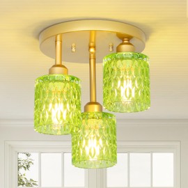 Vintage Gold Semi Flush Mount Ceiling Light, 3-Light Kitchen Ceiling Light Fixture with Green Glass Shade, Farmhouse Modern Close to Ceiling Lighting for Dining Room Hallway Foyer Entryway Bedroom