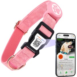 WhoseID Leather Dog Collar with Waterproof AirTag Holder - QR Code Buckle, Adjustable Length for Fit Medium Dogs (Pink, Medium Dogs)