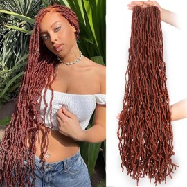 Mscat New Faux Locs Crochet Hair 30 Inch Copper Red Soft Locs 7 Packs/Lot Curly Wavy Pre-Looped Faux Locs Goddess Locs Synthetic Fiber Hair Extensions 15strands/pack 350#