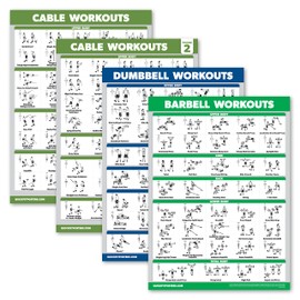 4 Pack - Cable Machine Workout Posters Volume 1 & 2 + Dumbbell Exercises + Barbell Exercises (LAMINATED, 18" x 24")