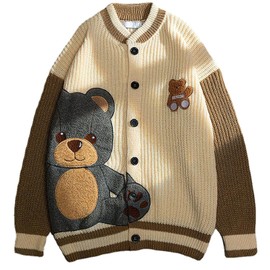 ebossy Womens Cute Bear Embroidery Knit Cardigans Casual Loose Button Down Drape Long Sleeve Varsity Sweater Jacket (L, Apricot)