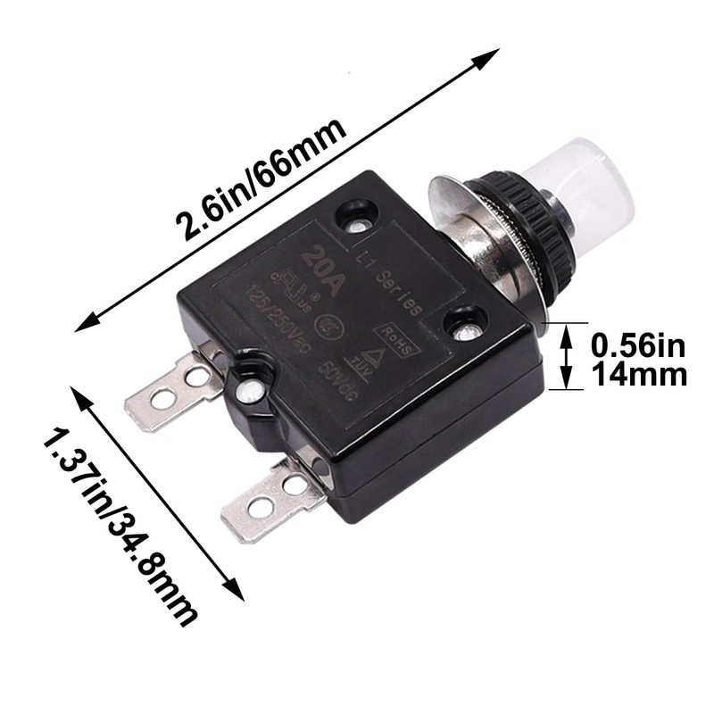 smseace 20Amp Electric Button Breaker 125/250VAC,Thermal Overload Protector L1 Series