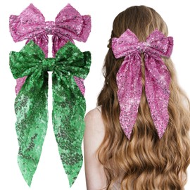 Ninejuize 2Pcs Glitter Hair Big Bows for Women Sequin Hair Bows Clips Sparkly Bowknot Style Barrettes Long Tail Hair Accessories (Rose Red&Green)