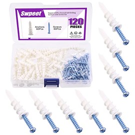 Swpeet 120Pcs Heavy Duty Plastic Self Drilling Drywall Anchors with M4x25mm Screws Kit, No Pre Drill Hole Preparation Required - Self-Tapping Drywall Anchors for Hanging and Mounting