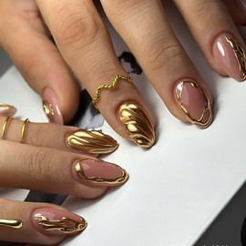 Golden Press on Nails Almond Medium Fake Nails with Chrome Desgins Nude Nails Press ons Glossy Glue on Nails Cute Acrylic Nails French Tip False Nails Artificial Stick on Nails for Women 24Pcs