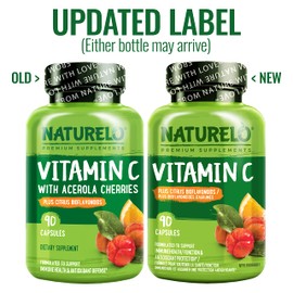 NATURELO Vitamin C with Organic Acerola Cherry Extract and Citrus Bioflavonoids - Vegan Supplement - Immune Support - 500 mg VIT C per Cap - Time Release - Non-GMO - 180 Capsules