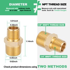 FullMayPro 2PCS Brass Pipe Fitting, Brass Hex Nipple，Reducing Connectors,3/8" NPT x 1/4" NPT Male Pipe Adapter with Teflon Tape