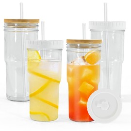 AGH 24oz Glasses Cup Iced Coffee Cup Set of 4, Glass Tumbler with 2 Lids & Straws, Travel Boba Cup Glass, Drinking Cups for Juice, Soda (Without Handle)