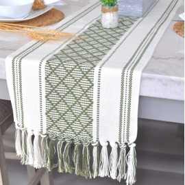Boho Dining Table Runner with Tassels 14 x 90 Inches, Olive Green & Cream | Woven Washable Dresser Scarf for Bedroom | Farmhouse Long Table Top Cover | Console Table Runner with Fringe