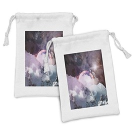 Ambesonne Outer Space Fabric Pouch Set of 2, Planets in Space Natural Scenery Galaxy Print, Small Drawstring Bag for Toiletries Masks and Favors, 9" x 6", Dried Rose Pale Pink