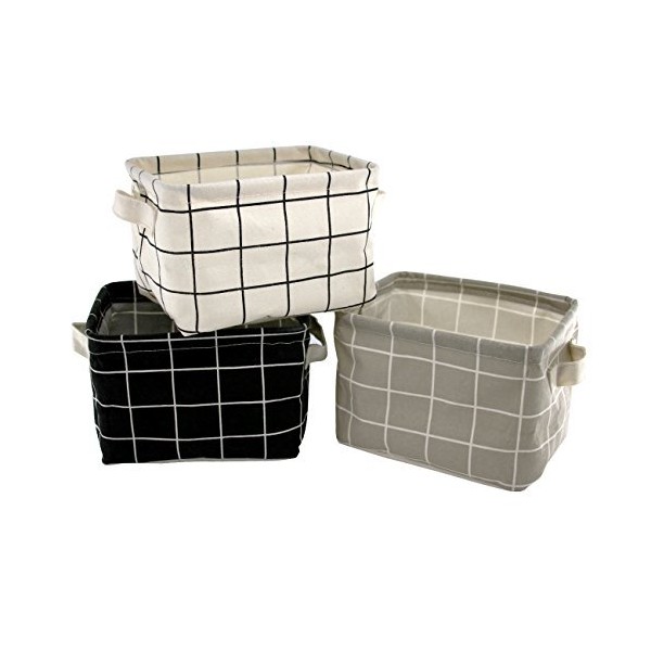 Shuiniba Stylish Storage Basket Cotton and Linen Fabric Mini Storage Cubes Nursery Storage Baskets with Handles for Shelves & Desks (Set of 3)