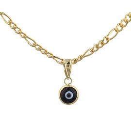 JOTW 14K Gold Round Evil Eye Pendant Necklace - 18 Inch Gold Overlay Figaro Chain (Black)