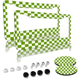 Green Checkered License Plate Frames 2 Pack 2 Holes Aluminum License Plate Cover with 2 Pcs Car Coasters and Screw and Black Screw Caps for Girl Women Men Gifts