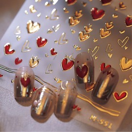 Red Valentine's Day Nail Stickers for Nail Art 5D Embossed Heart Nail Decals Gold Heart Nail Art Stickers Valentine's Day Nail Art Design Heart Nail Supplies for Women for DIY Manicure Decoration