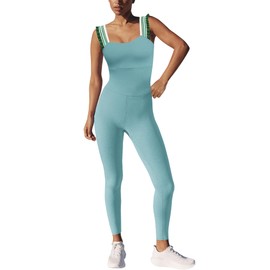 ReachMe Womens One Piece Workout Jumpsuits Athletic Summer Outfits Yoga Leggings Romper Bodycon Gym Bodysuits(Sage Blue,L)