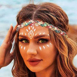 Fstrend Christmas Elastic Rhinestone Hairbands Crystal Headband Multicolors Sparkle Head Chain Headpieces for Women (Red-Green-Gold, M)