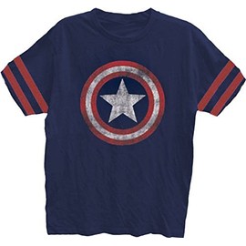 Captain America Distressed Shield Navy Striped Sleeves Mens T-shirt (Adult Small)