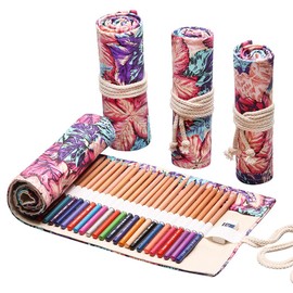 DIYOMR 24/36/72 Slots Pencil Wrap Pencil Rolls, Artist Colored Pencils Roll Up Bag Short Brushes Pouch Case Pencils Organizer for Drawing Coloring and Sketching (Maple Leaves, 24slots)