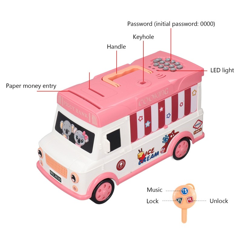 Kids Money Bank Bus Shaped Password Remote Control Unlock Music