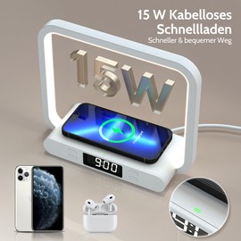 VOSFEEL Bedside Lamp with Charging Function, 4-in-1 Touch, Dimmable with Clock, Night Light, 15 W, Wireless Charging with USB Port, Table Lamp for Bedroom, Living Room, Office (Adapter Included)